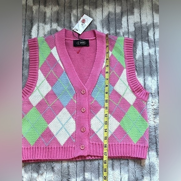 Cider Soft Diamond Check Pattern Patchy Knit Button Front Vest Pink Size Large - Picture 6 of 8